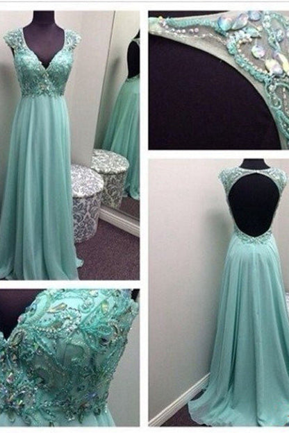 Classic Prom Dress 2024 V Neck Beaded Chiffon Cap Sleeves