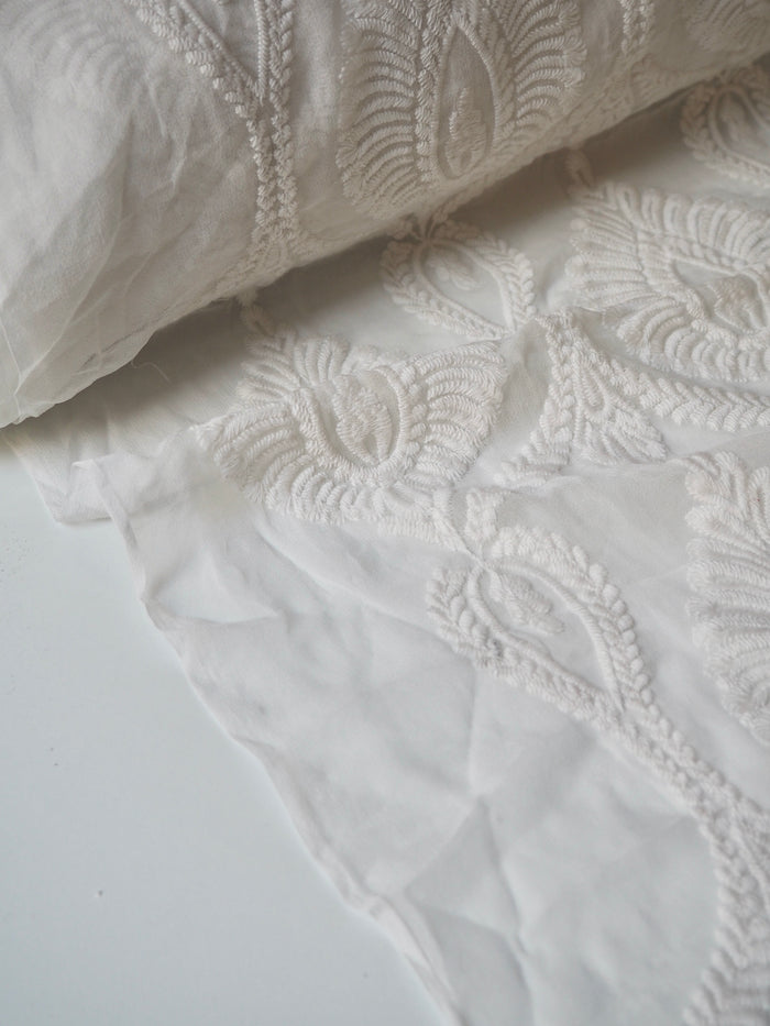 Cool Ivory Cotton Embroidered Silk Chiffon