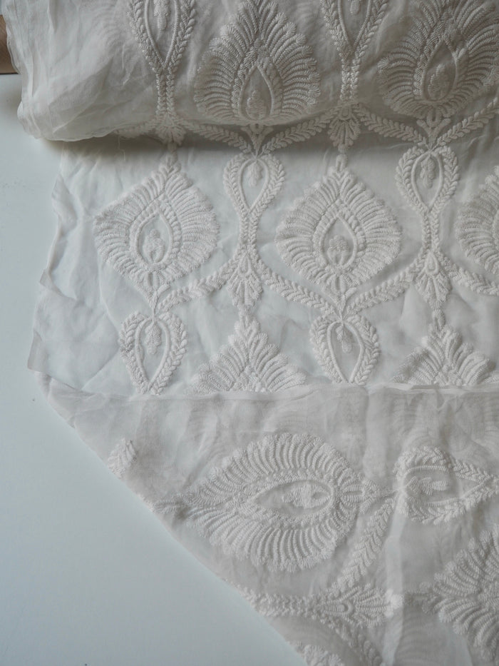 Cool Ivory Cotton Embroidered Silk Chiffon