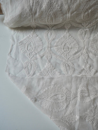 Cool Ivory Cotton Embroidered Silk Chiffon