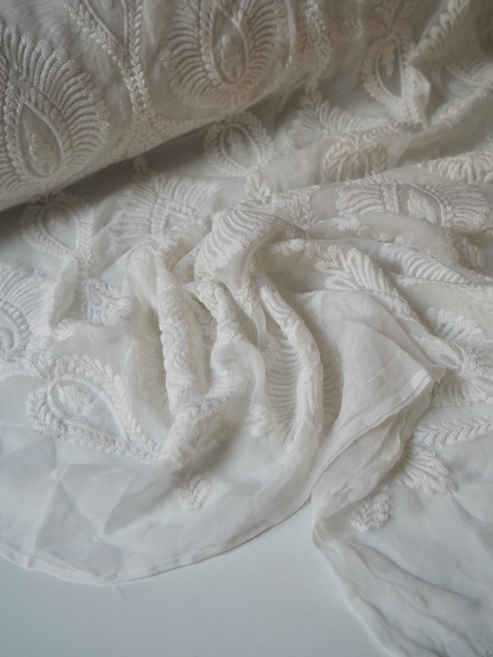 Cool Ivory Cotton Embroidered Silk Chiffon