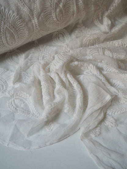 Cool Ivory Cotton Embroidered Silk Chiffon
