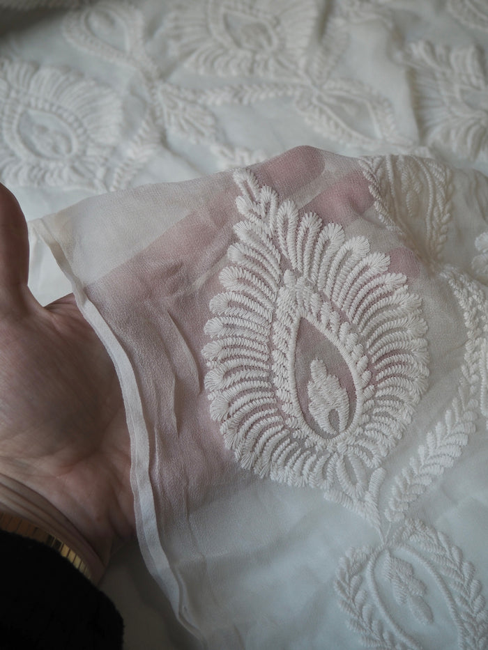 Cool Ivory Cotton Embroidered Silk Chiffon
