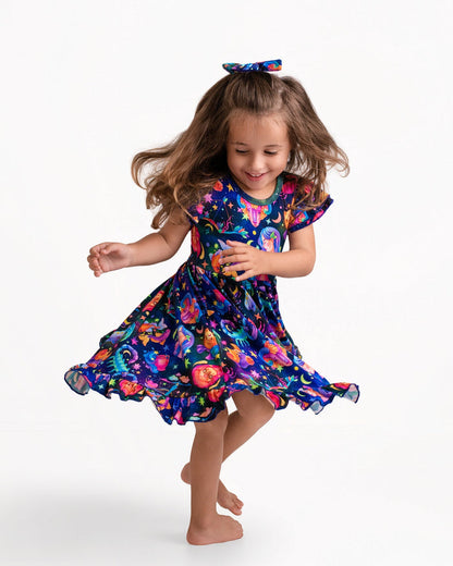 Cosmic Cuddles Short Sleeve Big Kid Twirl Dress - Jammie Session