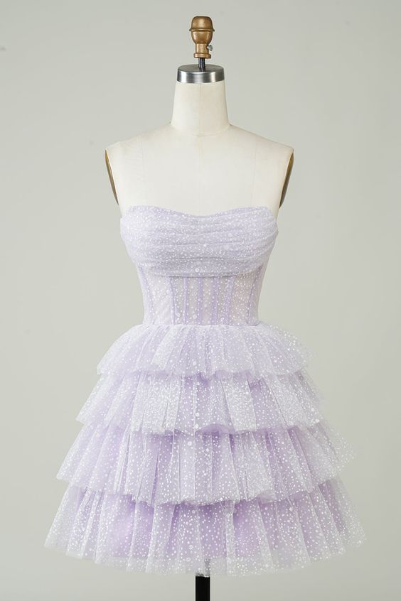 Cute Homecoming Dress 2024 Lilac Dot Tulle