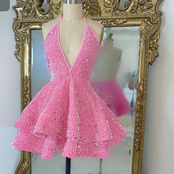 Cute Short Homecoming Dress 2023 Halter Neck Sequined Open Back Sparkly