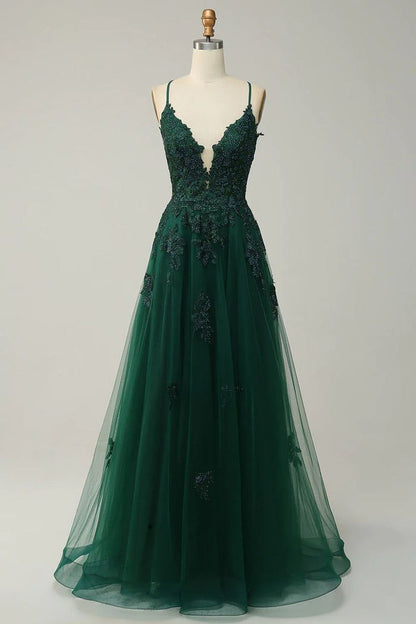 Dark Green Lace Appliques Tulle Prom Dress 2024