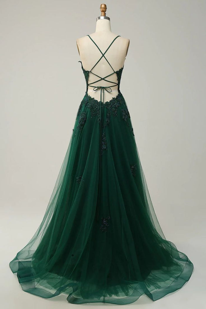 Dark Green Lace Appliques Tulle Prom Dress 2024