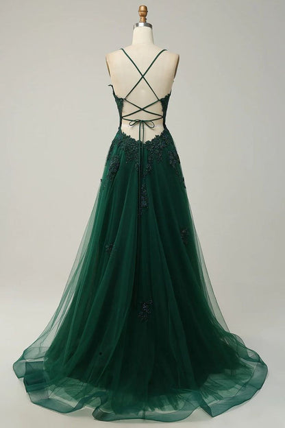 Dark Green Lace Appliques Tulle Prom Dress 2024