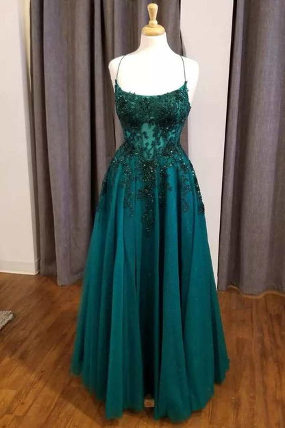 Dark Green Prom Dress 2024 Spaghetti Straps Tulle with Appliques