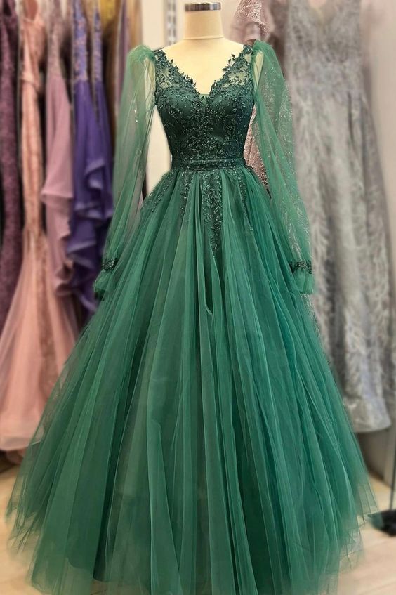 Dark Green Prom Dress 2024 V Neck Beaded Tulle Long Sleeves
