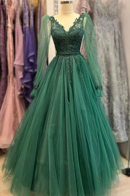 Dark Green Prom Dress 2024 V Neck Beaded Tulle Long Sleeves