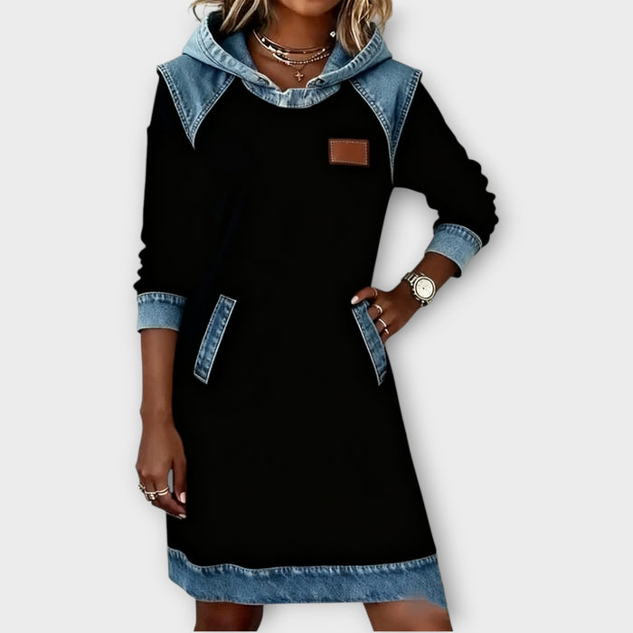 Denim-Trim Hoodie Sweater Dress