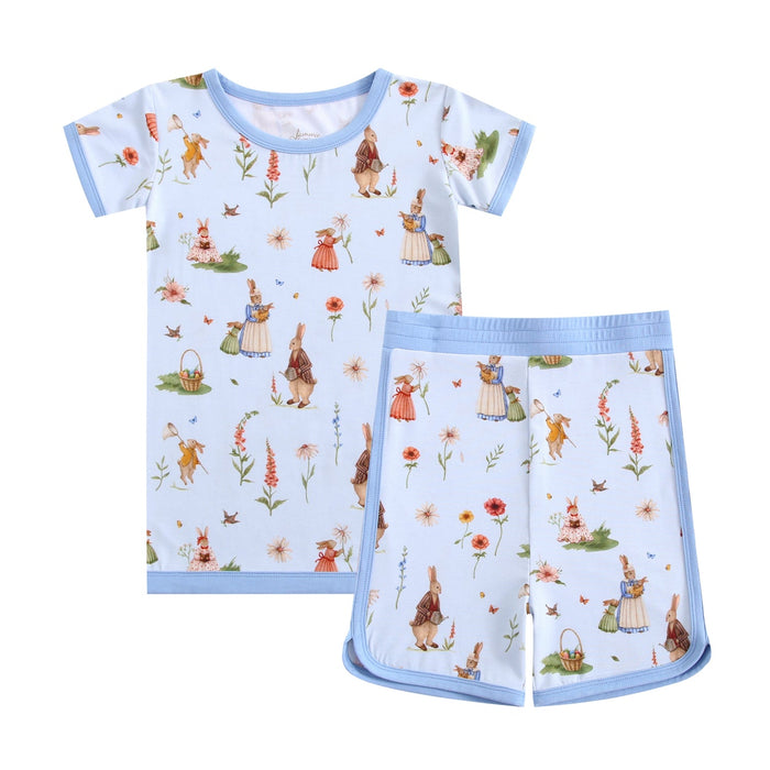 Jammie Session‚Äôs ‚ÄúDon‚Äôt Worry, Be Hoppy (Rabbit)‚Äù Short Pajama Set features a light blue, rabbit-and-flower print with blue trim. Made from soft, hypoallergenic bamboo fabric that‚Äôs gentle and moisture-wicking for comfy sleep.