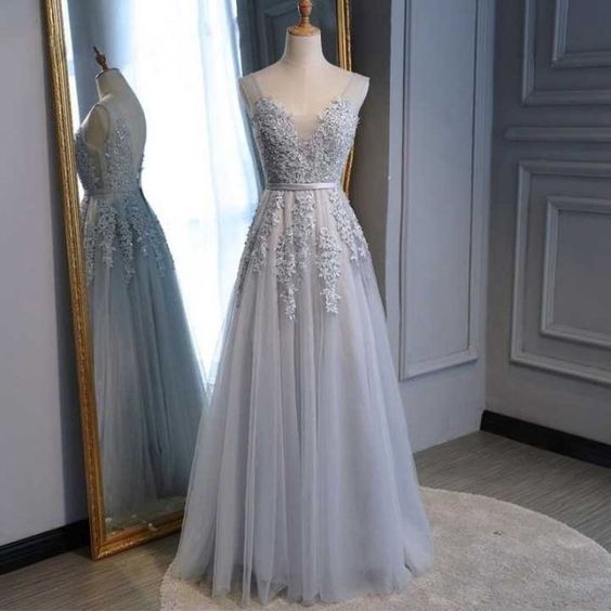 Dusty Blue Prom Dress 2023 Illusion Neck Sleeveless Tulle with Appliques
