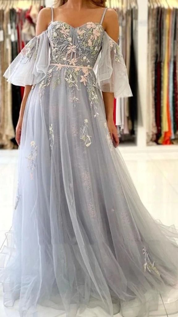 Dusty Blue Prom Dress 2024 Spaghetti Straps Tulle with Sleeves