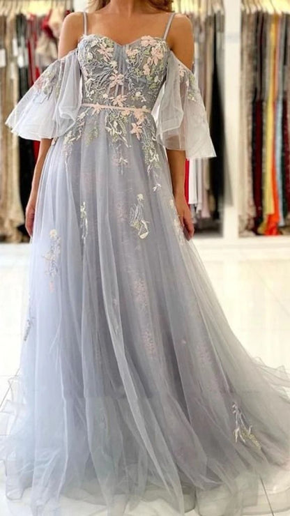 Dusty Blue Prom Dress 2024 Spaghetti Straps Tulle with Sleeves