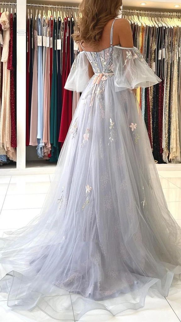 Dusty Blue Prom Dress 2024 Spaghetti Straps Tulle with Sleeves