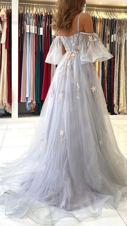 Dusty Blue Prom Dress 2024 Spaghetti Straps Tulle with Sleeves