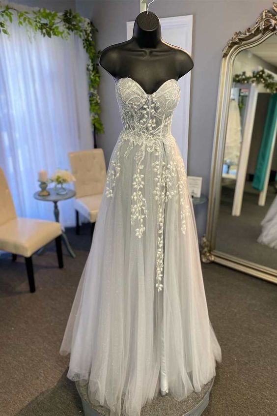 Dusty Blue Prom Dress 2024 Sweetheart Tulle with Appliques