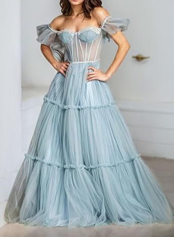 Dusty Blue Tulle Prom Dress 2025 Corset Back