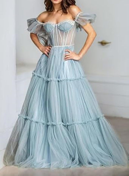 Dusty Blue Tulle Prom Dress 2025 Corset Back