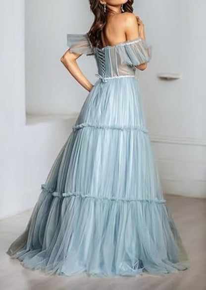 Dusty Blue Tulle Prom Dress 2025 Corset Back