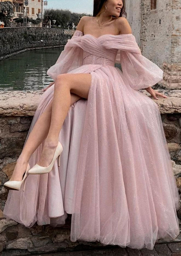 Dusty Pink Sparkly Tulle Prom Dress 2025 with Detachable Long Sleeves