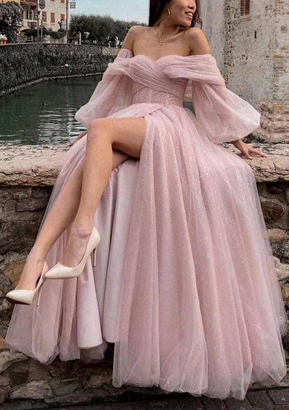 Dusty Pink Sparkly Tulle Prom Dress 2025 with Detachable Long Sleeves