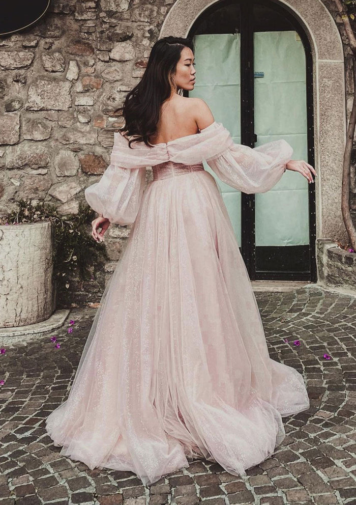Dusty Pink Sparkly Tulle Prom Dress 2025 with Detachable Long Sleeves