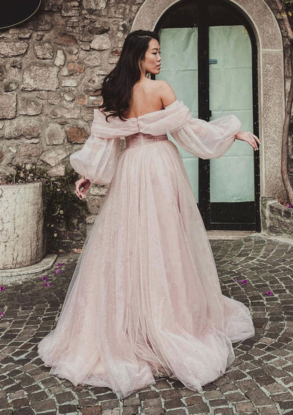 Dusty Pink Sparkly Tulle Prom Dress 2025 with Detachable Long Sleeves