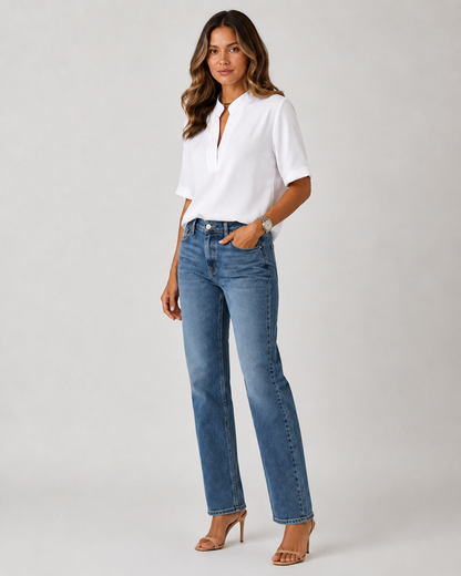 Elegant blouse with V‑neck and gold‑toned details