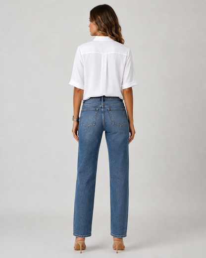 Elegant blouse with V‑neck and gold‑toned details