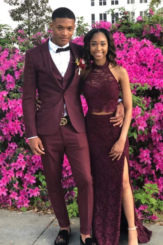 Elegant Burgundy Prom Suit 3-pc