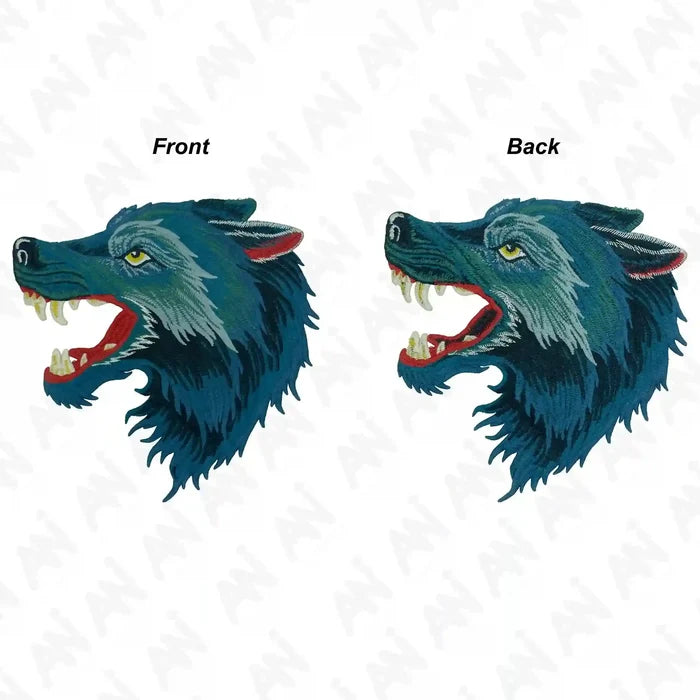 Wolf sew patch by Ani Accessories showing front and back, detailed animal applique for jackets, bags, and DIY fashion