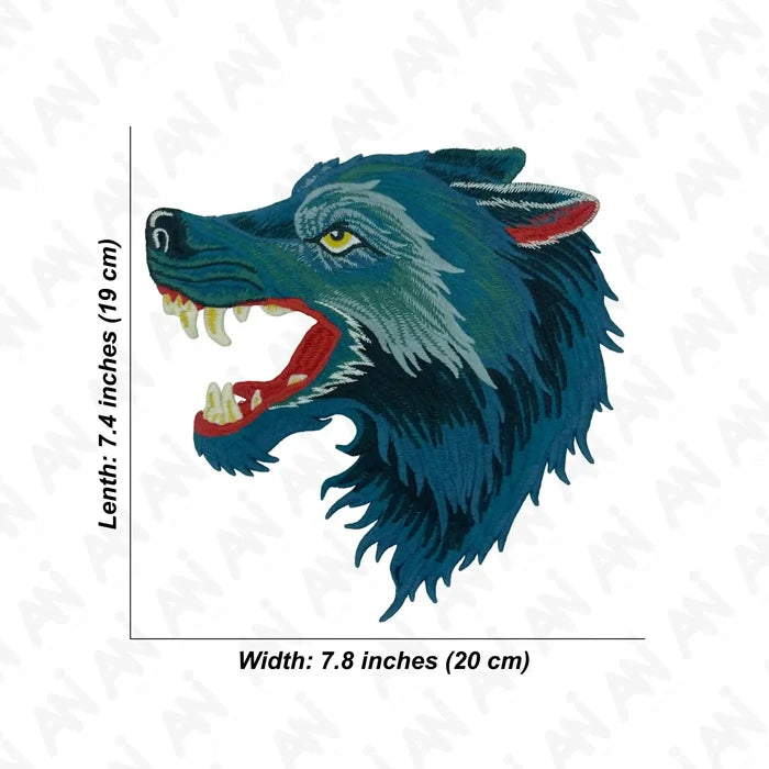 Ani Accessories wolf sew patch displayed with size guide, highlighting design, shape, and dimensions for fashion and crafts