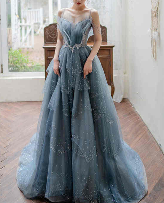 Fairy Dusty Blue Tulle Prom Dress Spaghetti Straps