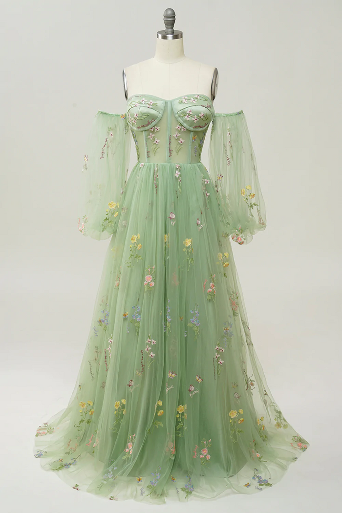 Fairy Prom Dress 2023 Floral Off the Shoulder Tulle with Pleats