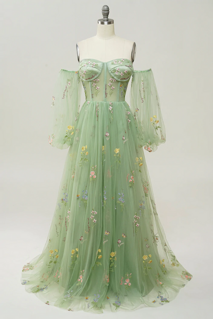 Fairy Prom Dress 2023 Floral Off the Shoulder Tulle with Pleats
