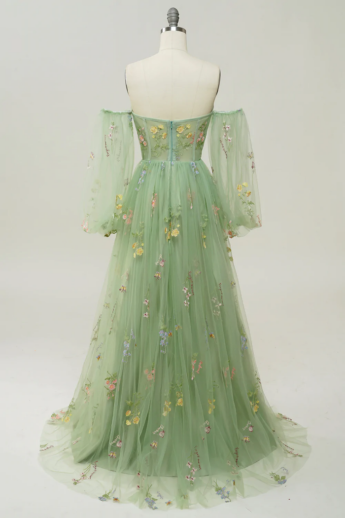 Fairy Prom Dress 2023 Floral Off the Shoulder Tulle with Pleats