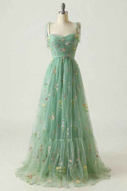 Fairy Prom Dress 2023 Floral Straps Tulle with Pleats