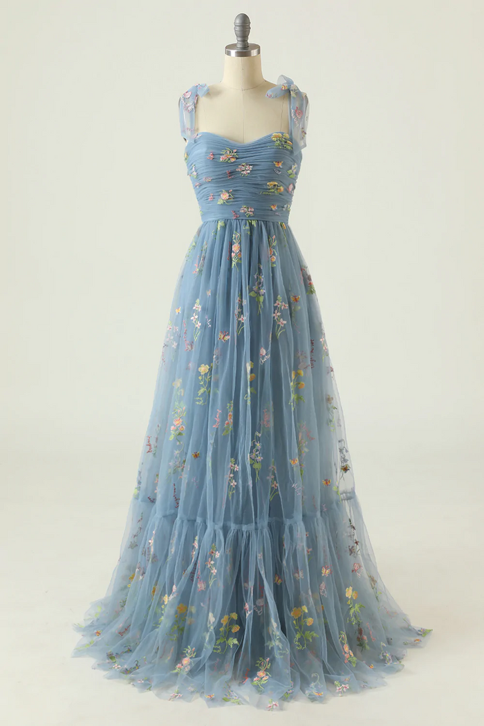 Fairy Prom Dress 2023 Floral Straps Tulle with Pleats