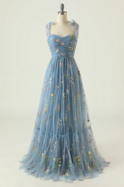 Fairy Prom Dress 2023 Floral Straps Tulle with Pleats