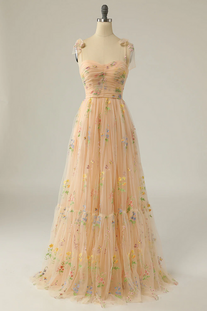 Fairy Prom Dress 2023 Floral Straps Tulle with Pleats
