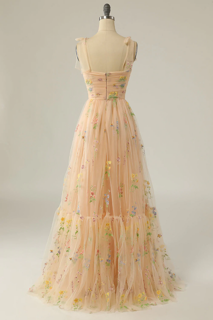 Fairy Prom Dress 2023 Floral Straps Tulle with Pleats