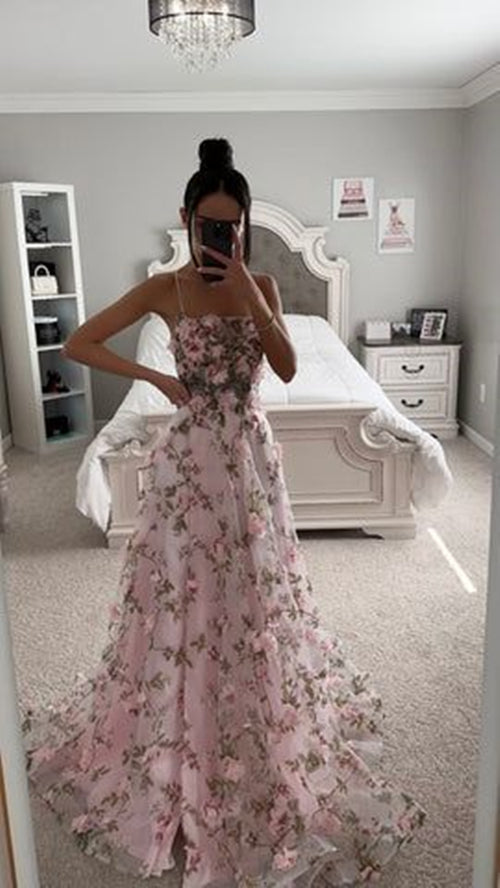 Fairy Prom Dress 2024 Spaghetti Straps Floral Tulle with Slit
