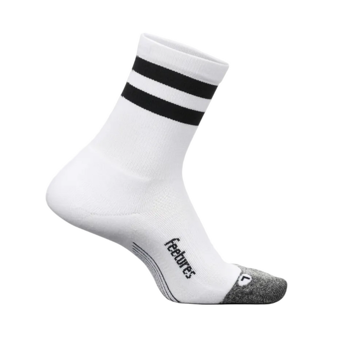 Feetures Unisex Elite Lite Cushion Mini Crew Socks in White High Top Stripe SS26