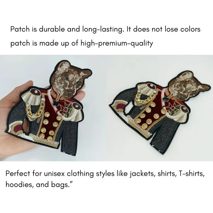 Feline Officer Sew Patch by Ani Accessories infographic, showing embroidered applique length and width