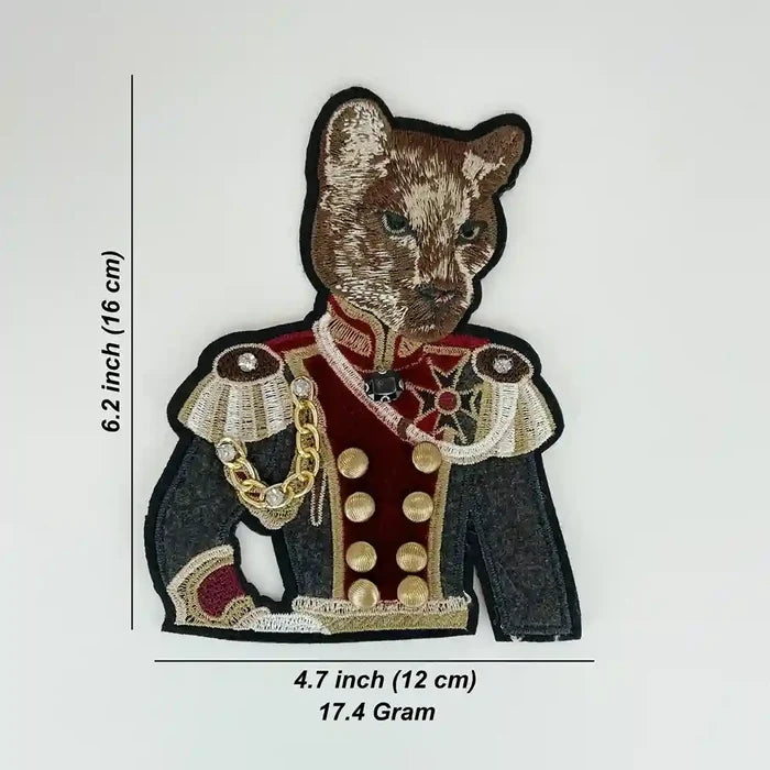 Feline Officer Sew Patch by Ani Accessories, showing length and width of embroidered applique