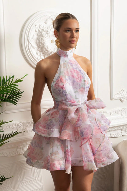 Floral Halterneck Ruffle Mini Dress - Pink